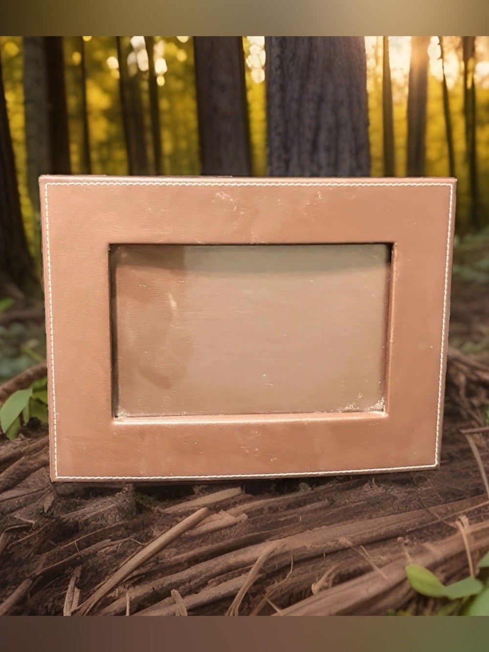 Swing Brown Leather Picture Frame White Contrast Stitching 4x6 Horizontal